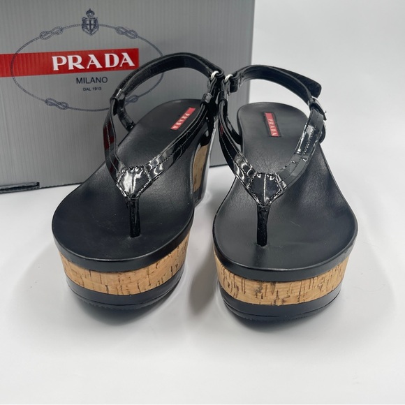 NEW AUTH PRADA SPORT ROSA LINEA 38 8 CORK PLATFORM PATENT THONG SANDAL BLACK NIB - Picture 8 of 11